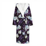White And Purple Tulip Pattern Print Hooded Bathrobe