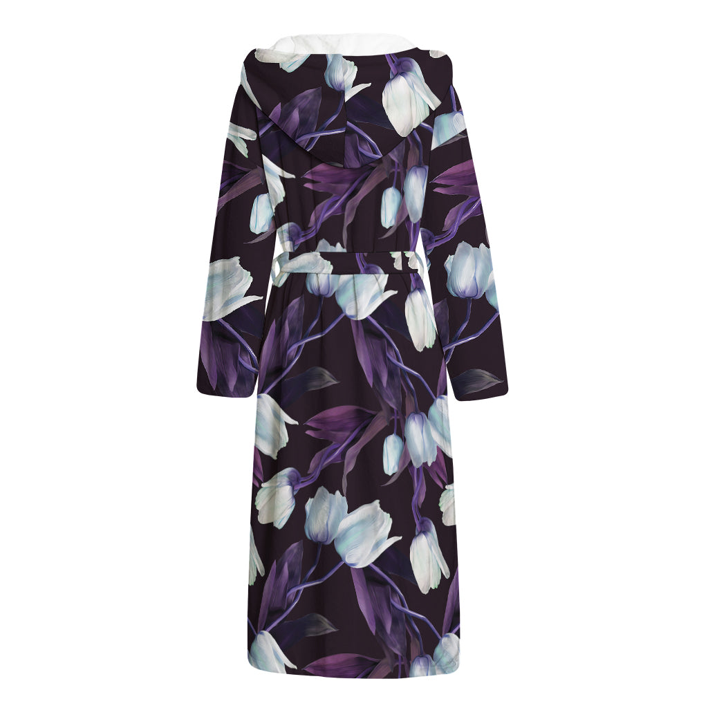 White And Purple Tulip Pattern Print Hooded Bathrobe