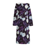 White And Purple Tulip Pattern Print Hooded Bathrobe