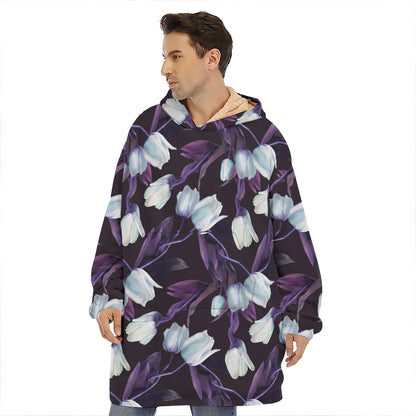 White And Purple Tulip Pattern Print Hoodie Blanket