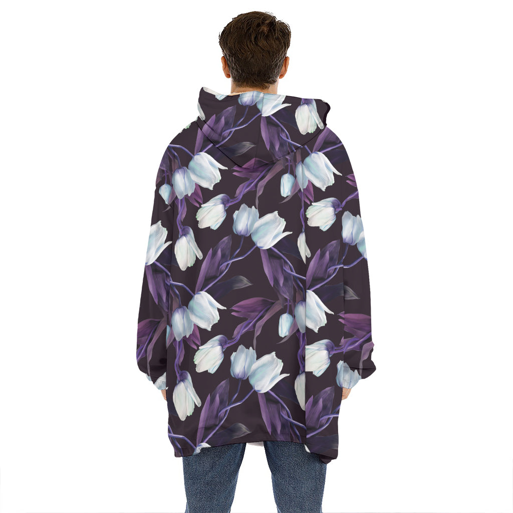 White And Purple Tulip Pattern Print Hoodie Blanket
