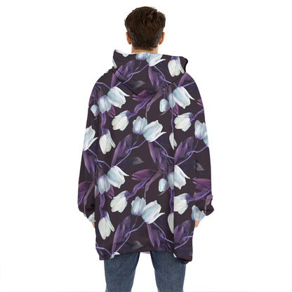 White And Purple Tulip Pattern Print Hoodie Blanket