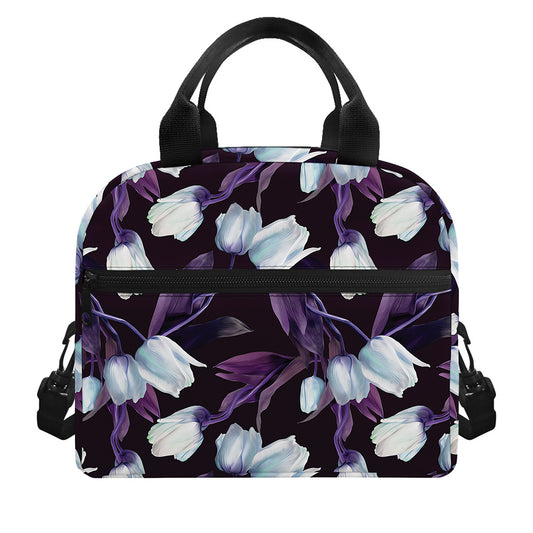 White And Purple Tulip Pattern Print Insulated Lunch Bag