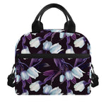 White And Purple Tulip Pattern Print Insulated Lunch Bag