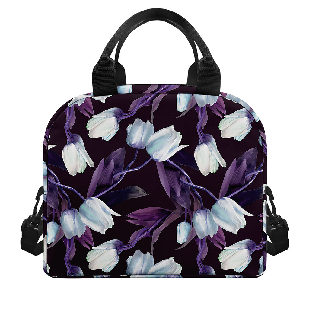 White And Purple Tulip Pattern Print Insulated Lunch Bag