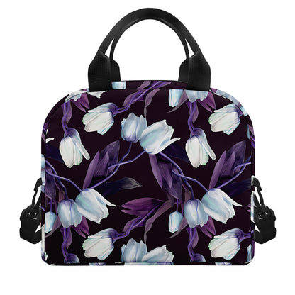 White And Purple Tulip Pattern Print Insulated Lunch Bag