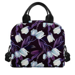White And Purple Tulip Pattern Print Insulated Lunch Bag