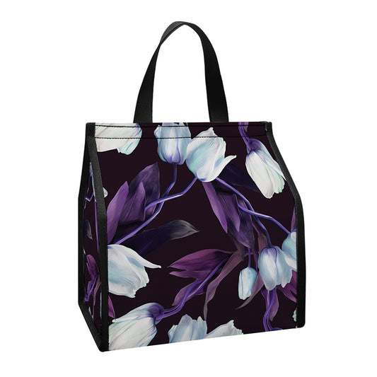 White And Purple Tulip Pattern Print Insulated Lunch Tote