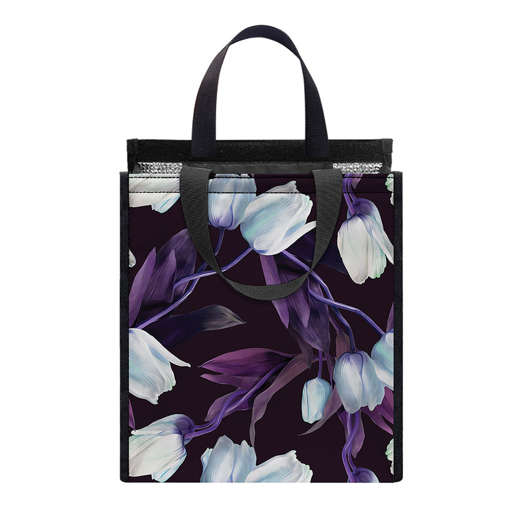White And Purple Tulip Pattern Print Insulated Lunch Tote