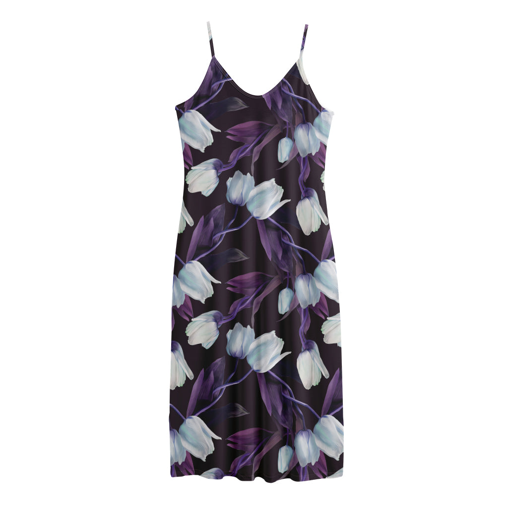 White And Purple Tulip Pattern Print Jersey Midi Cami Dress