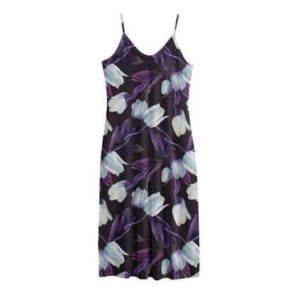 White And Purple Tulip Pattern Print Jersey Midi Cami Dress