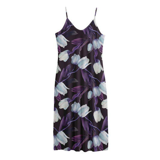 White And Purple Tulip Pattern Print Jersey Midi Cami Dress
