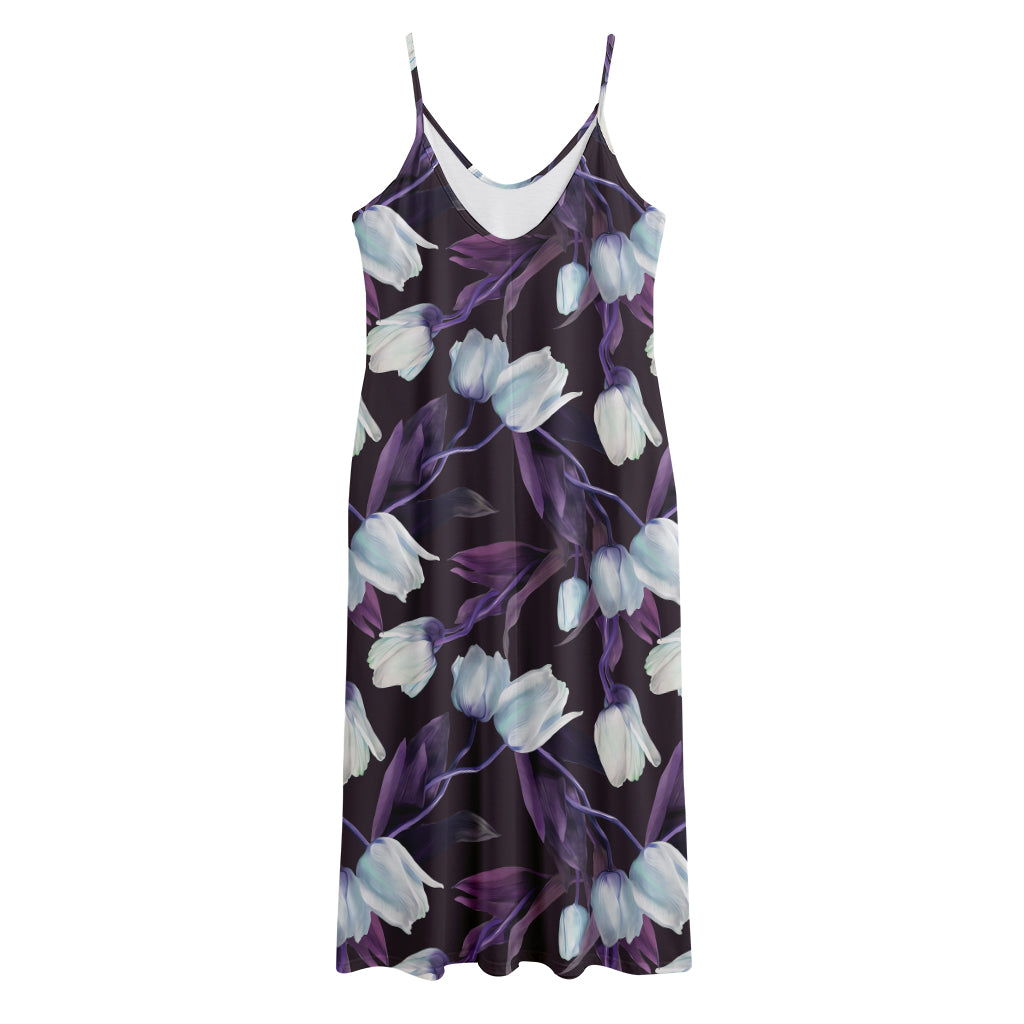 White And Purple Tulip Pattern Print Jersey Midi Cami Dress