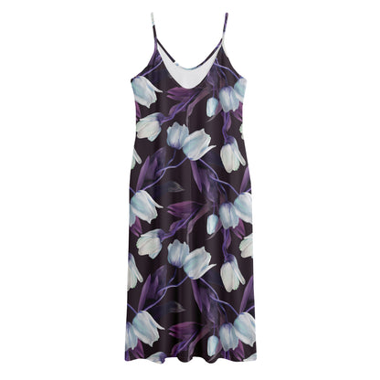 White And Purple Tulip Pattern Print Jersey Midi Cami Dress