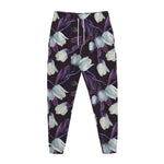 White And Purple Tulip Pattern Print Jogger Pants
