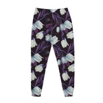White And Purple Tulip Pattern Print Jogger Pants