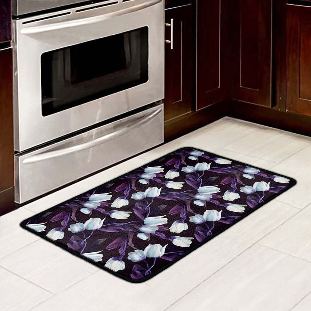 White And Purple Tulip Pattern Print Kitchen Mat
