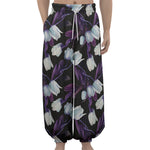 White And Purple Tulip Pattern Print Lantern Pants