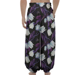 White And Purple Tulip Pattern Print Lantern Pants