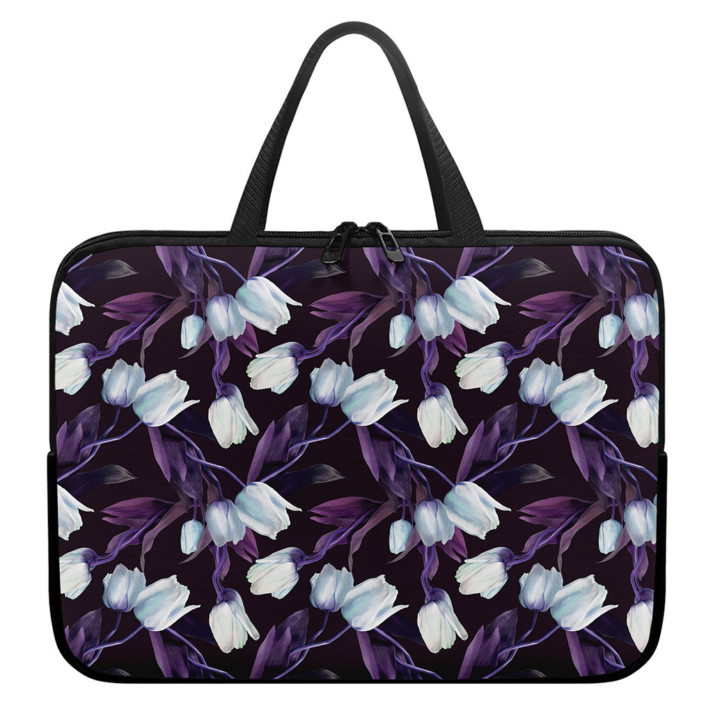 White And Purple Tulip Pattern Print Laptop Sleeve With Handle