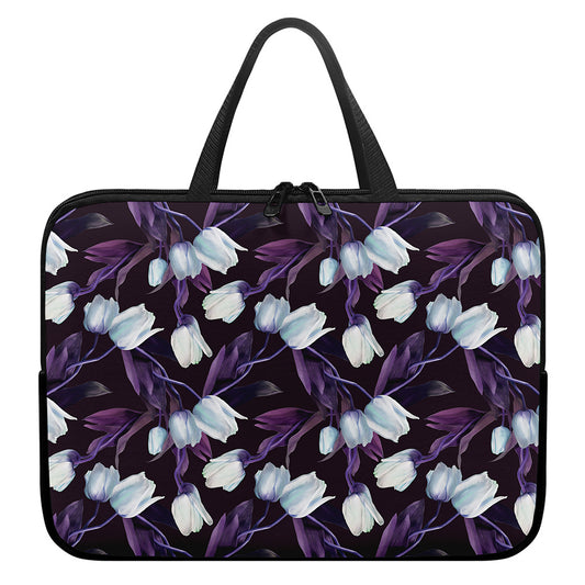 White And Purple Tulip Pattern Print Laptop Sleeve With Handle