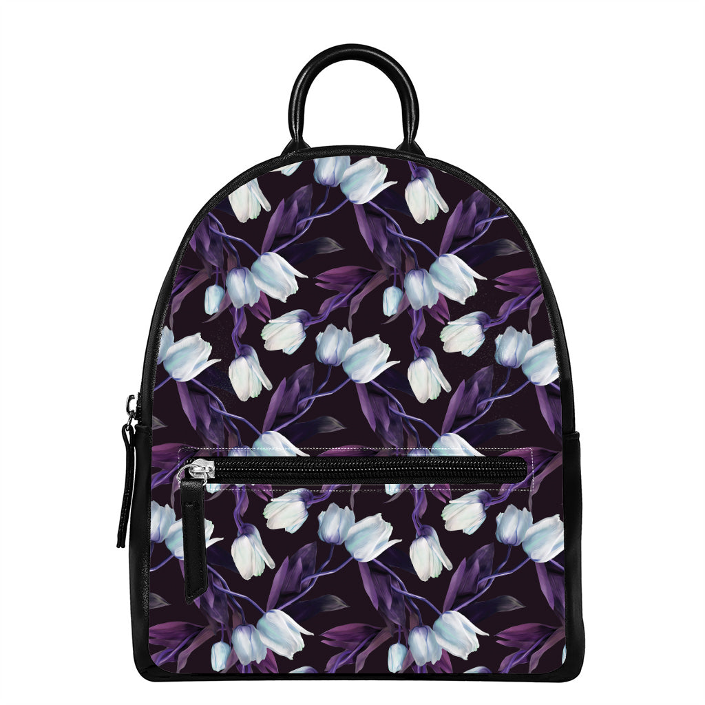 White And Purple Tulip Pattern Print Leather Backpack