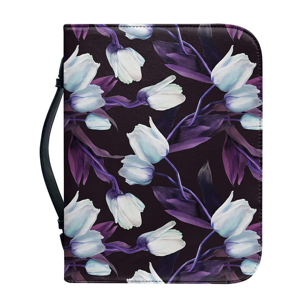 White And Purple Tulip Pattern Print Leather Bible Cover
