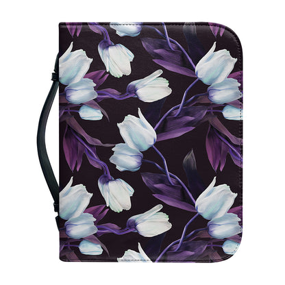 White And Purple Tulip Pattern Print Leather Bible Cover