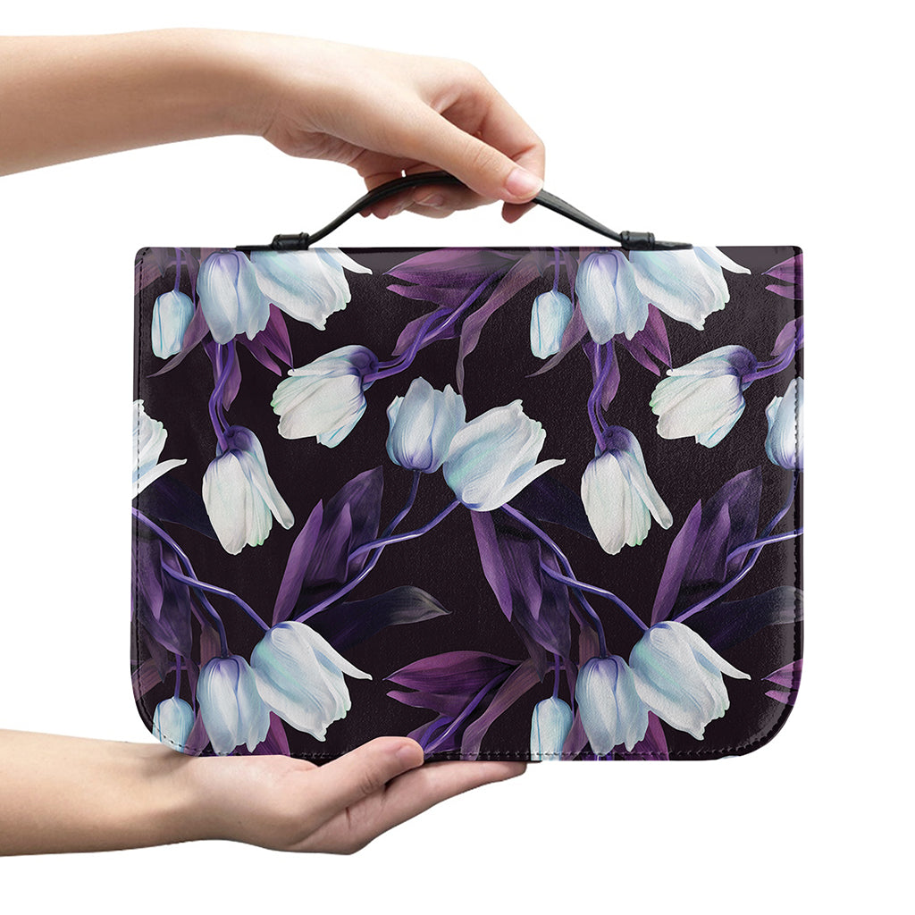 White And Purple Tulip Pattern Print Leather Bible Cover