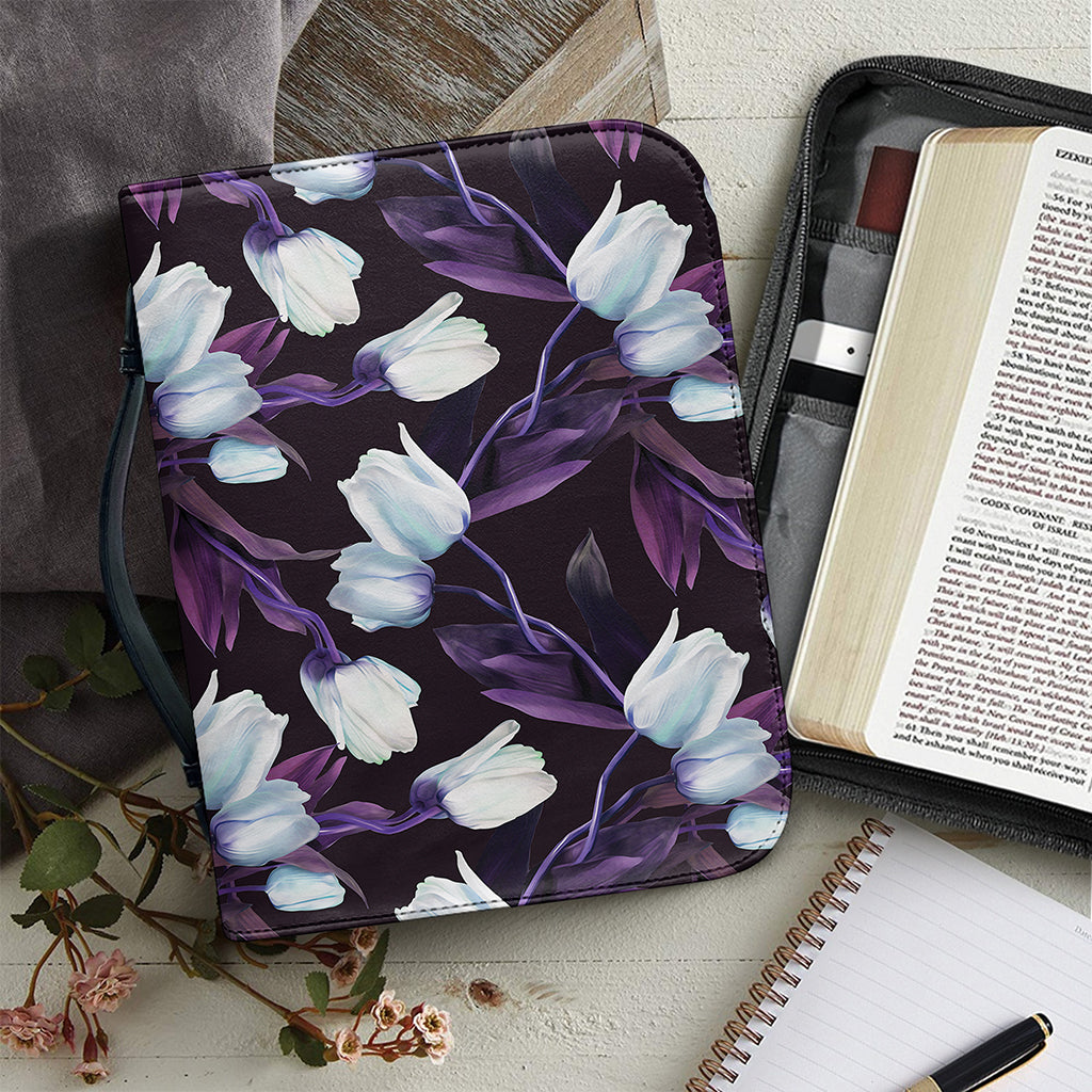 White And Purple Tulip Pattern Print Leather Bible Cover