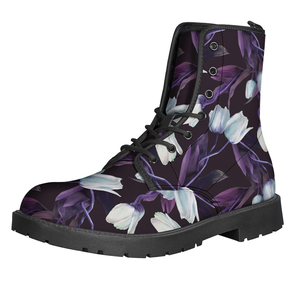 White And Purple Tulip Pattern Print Backpack