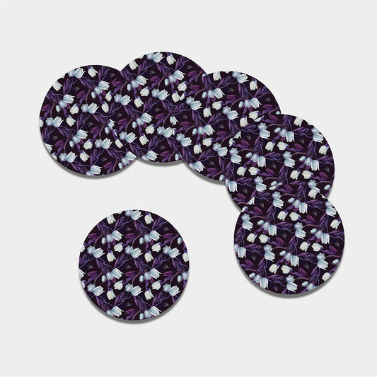 White And Purple Tulip Pattern Print Leather Coaster Set