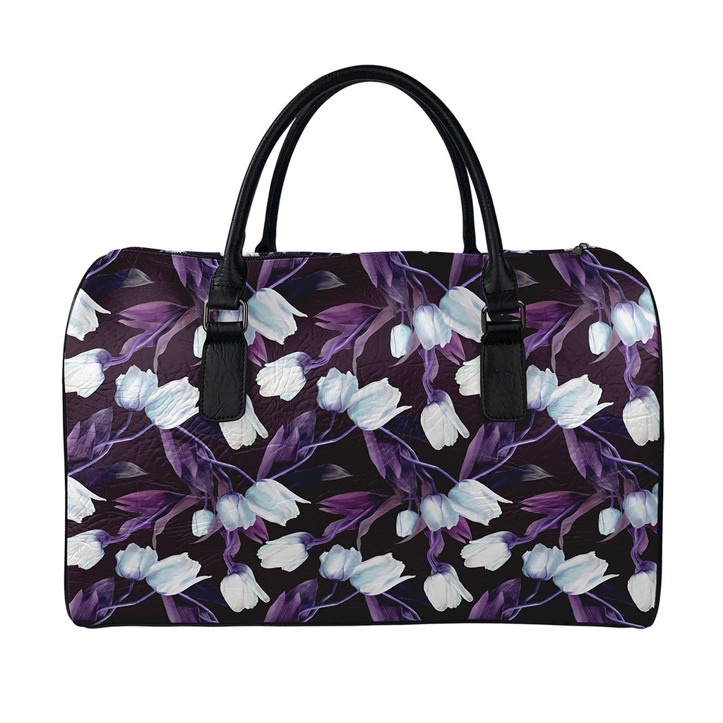 White And Purple Tulip Pattern Print Leather Duffle Bag