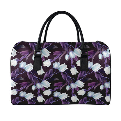 White And Purple Tulip Pattern Print Leather Duffle Bag