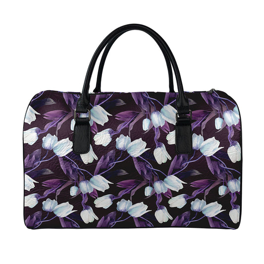 White And Purple Tulip Pattern Print Leather Duffle Bag