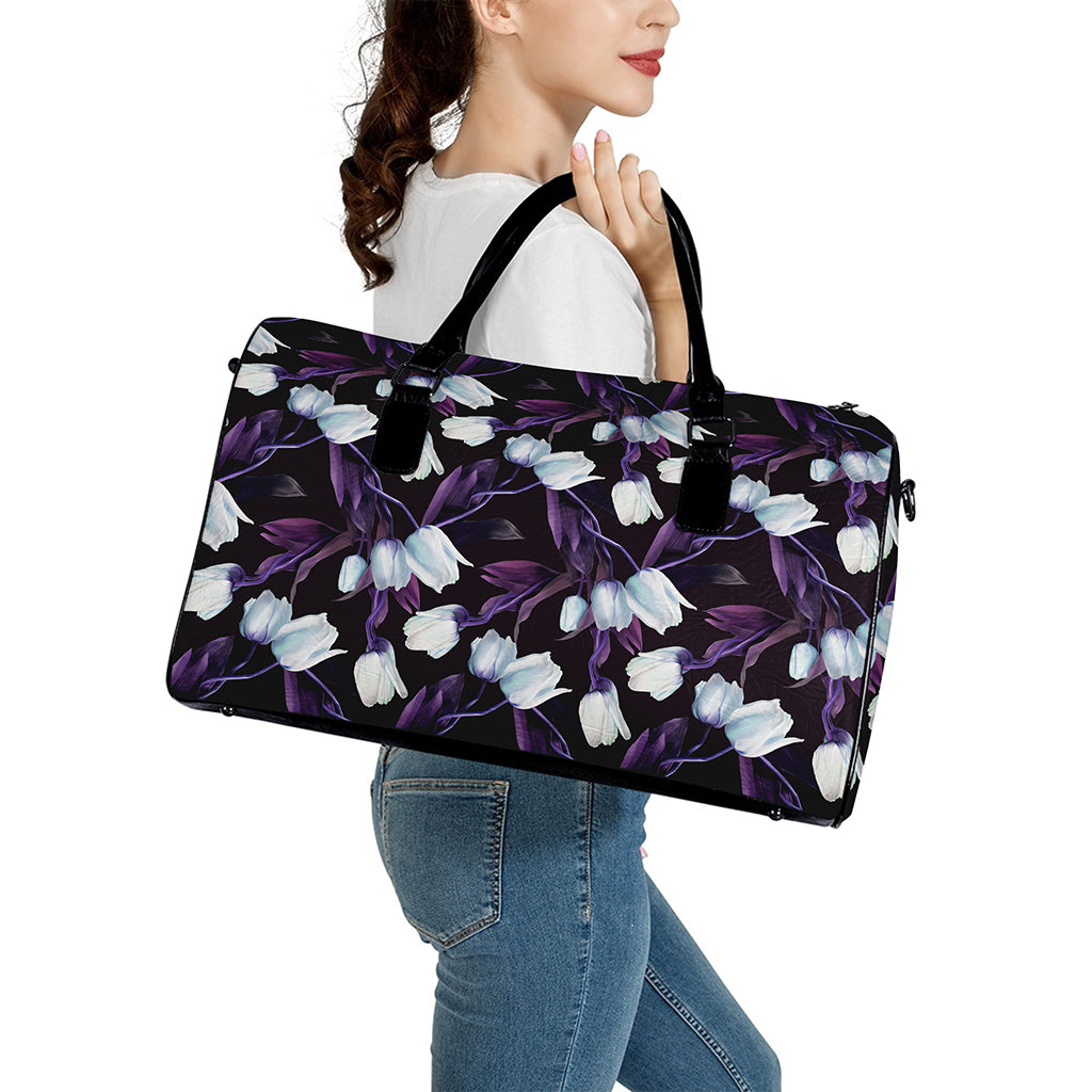 White And Purple Tulip Pattern Print Leather Duffle Bag