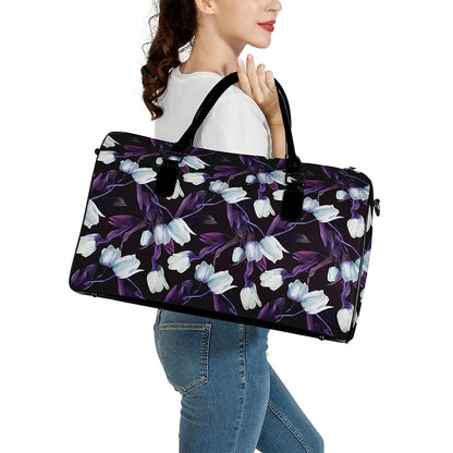 White And Purple Tulip Pattern Print Leather Duffle Bag