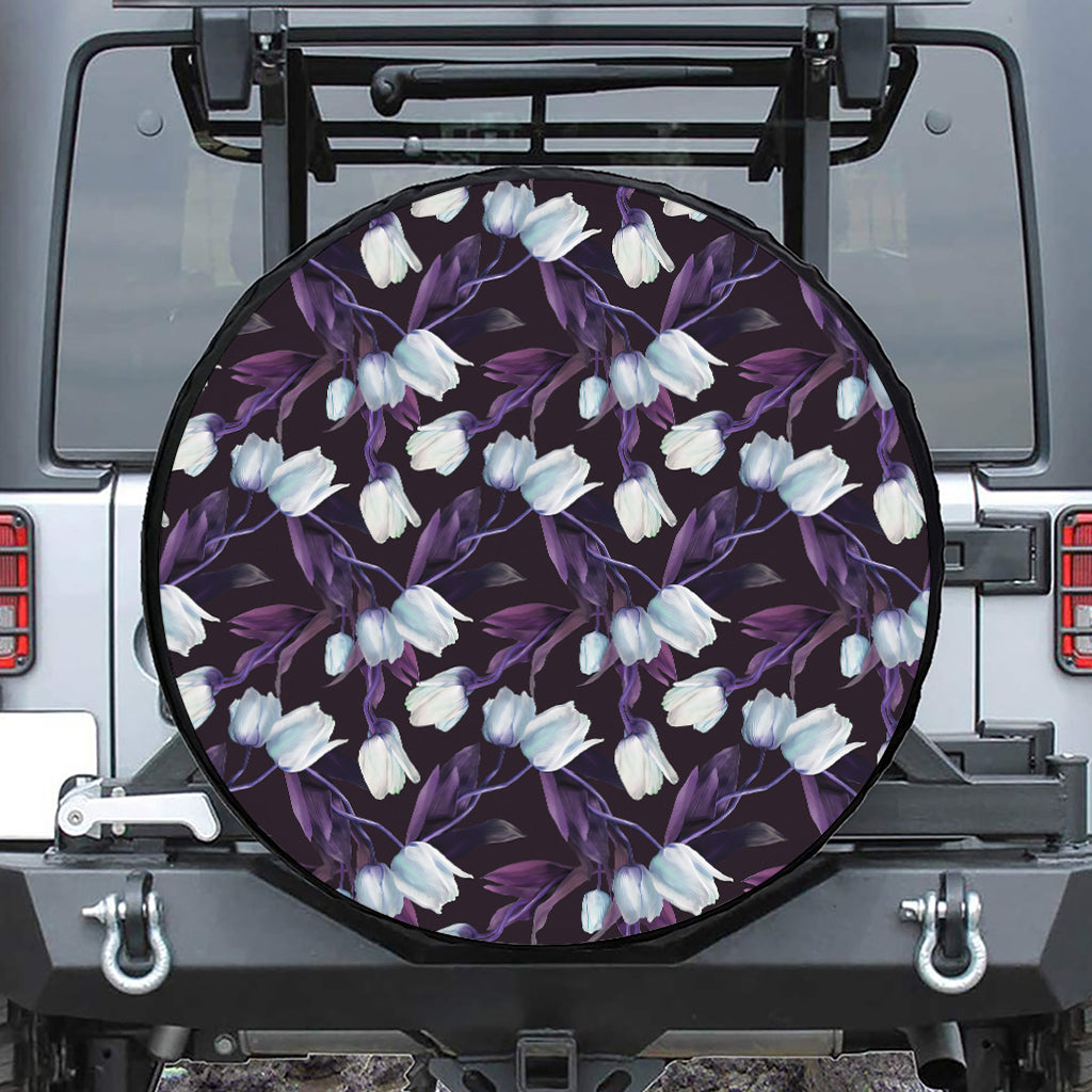 White And Purple Tulip Pattern Print Leather Spare Tire Cover