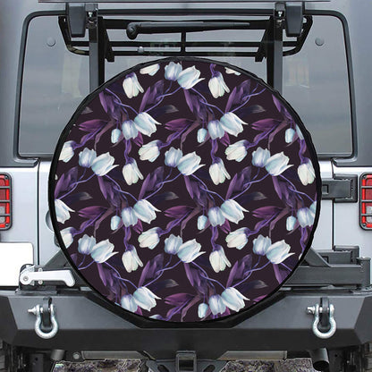 White And Purple Tulip Pattern Print Leather Spare Tire Cover