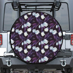 White And Purple Tulip Pattern Print Leather Spare Tire Cover