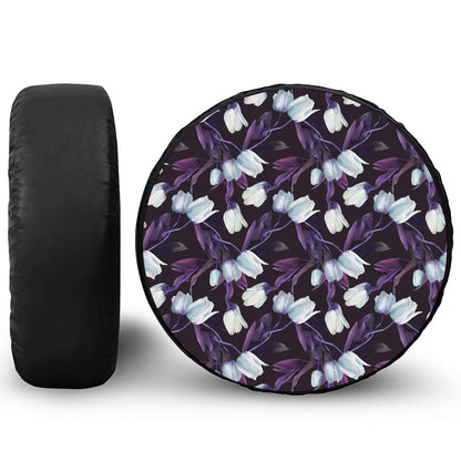 White And Purple Tulip Pattern Print Leather Spare Tire Cover
