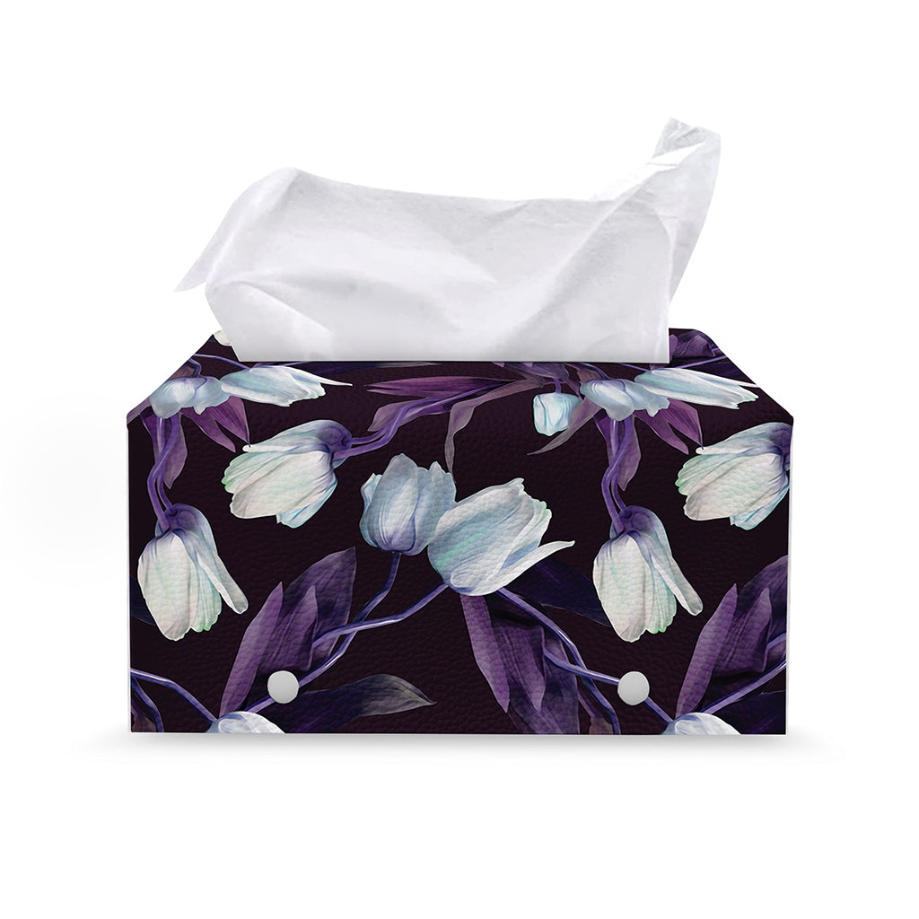 White And Purple Tulip Pattern Print Leather Tissue Box Cover