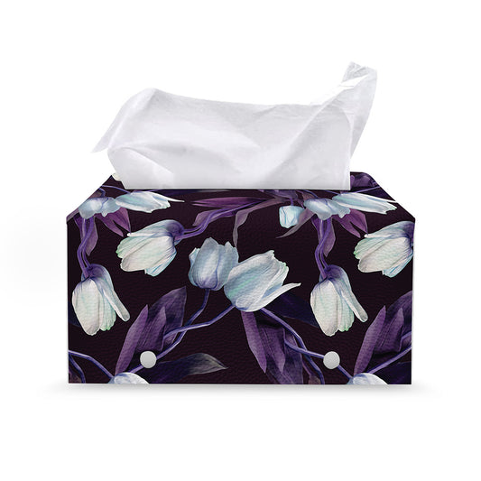 White And Purple Tulip Pattern Print Leather Tissue Box Cover