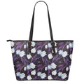 White And Purple Tulip Pattern Print Leather Tote Bag With Zipper
