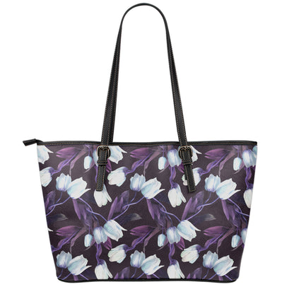 White And Purple Tulip Pattern Print Leather Tote Bag