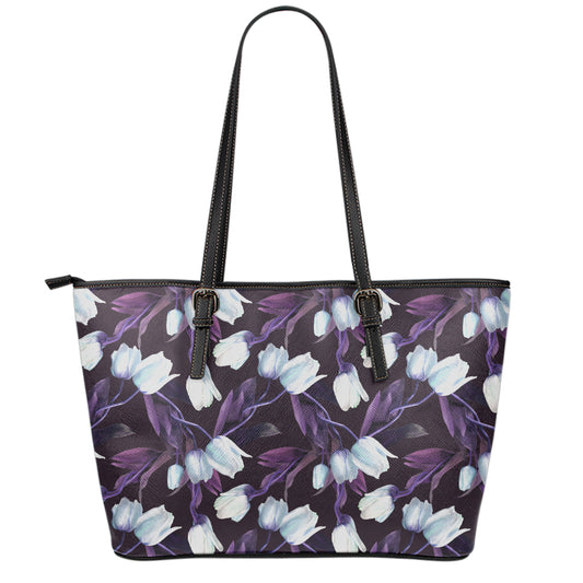 White And Purple Tulip Pattern Print Leather Tote Bag