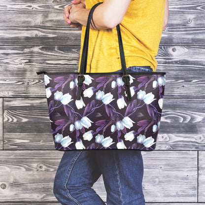 White And Purple Tulip Pattern Print Leather Tote Bag