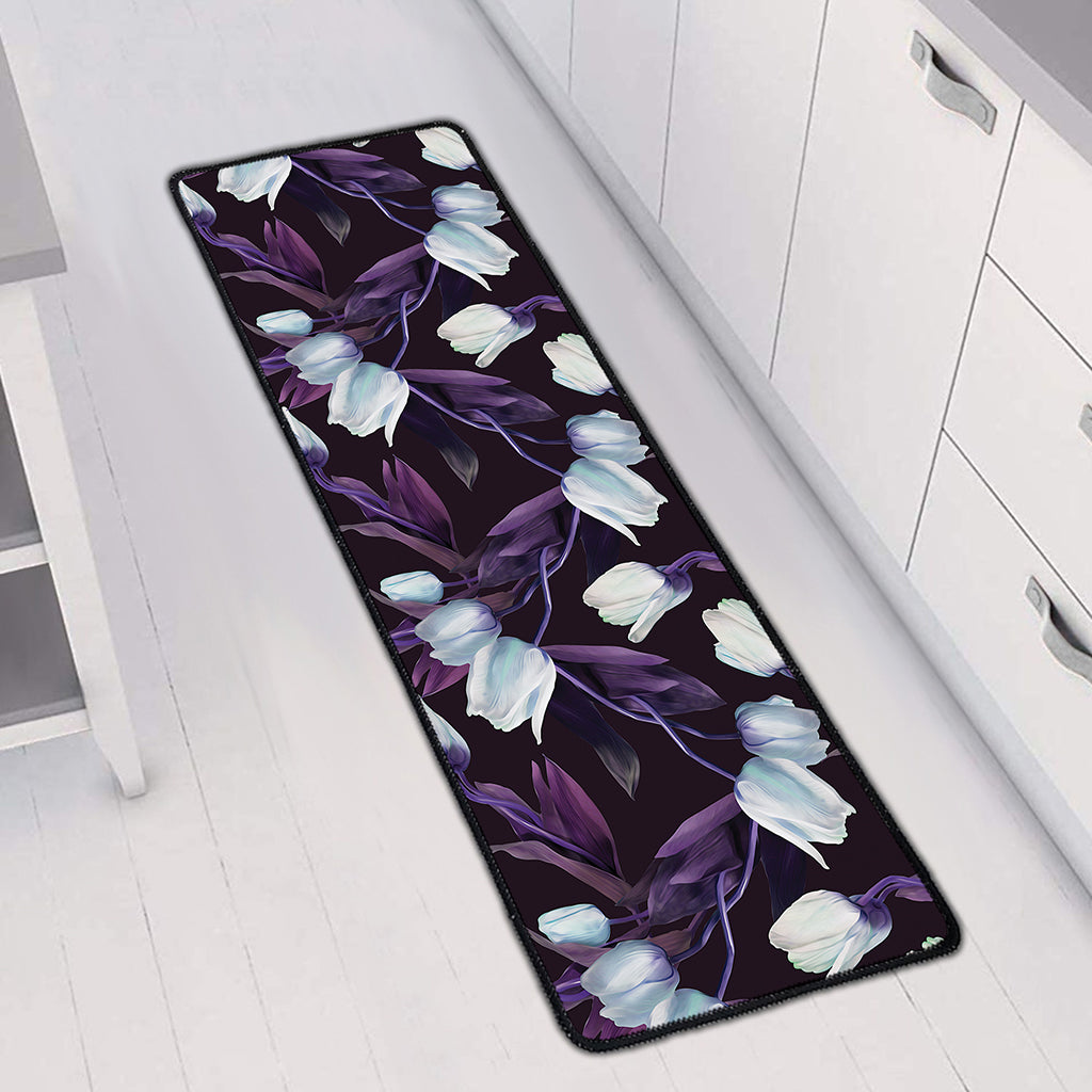 White And Purple Tulip Pattern Print Long Kitchen Mat