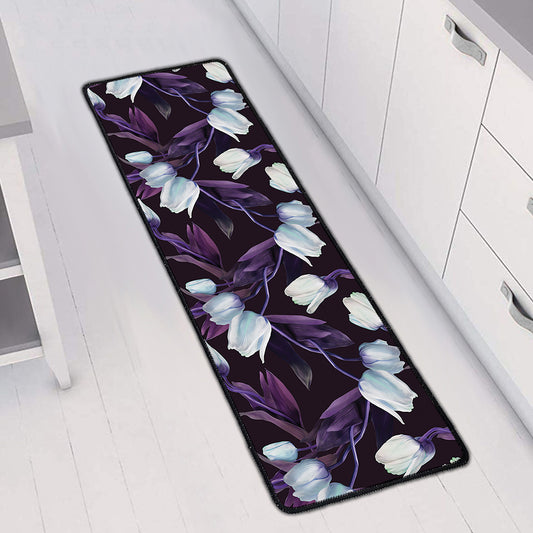 White And Purple Tulip Pattern Print Long Kitchen Mat