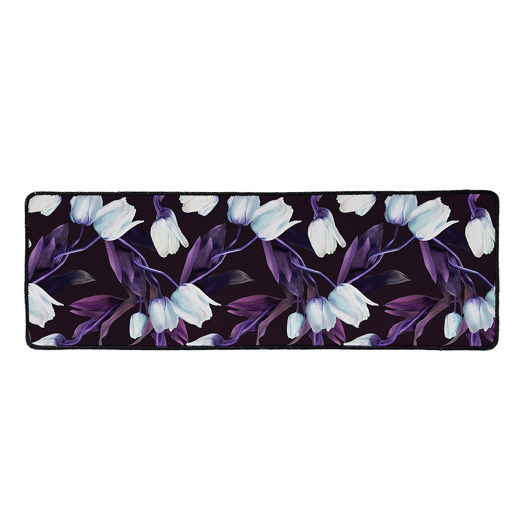 White And Purple Tulip Pattern Print Long Kitchen Mat